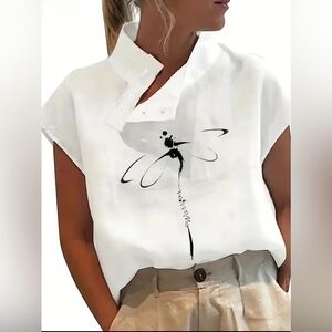 Casual Asymmetrical Neck Print Shirt - White with Black Dragonfly Design Size XL